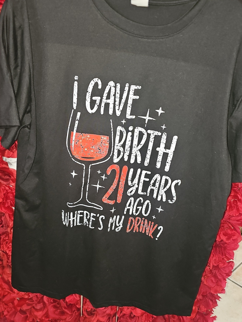 Sunny NWOT Women's Black Graphic Tee - "I Gave Birth 21 Years Ago" Size Xlarge